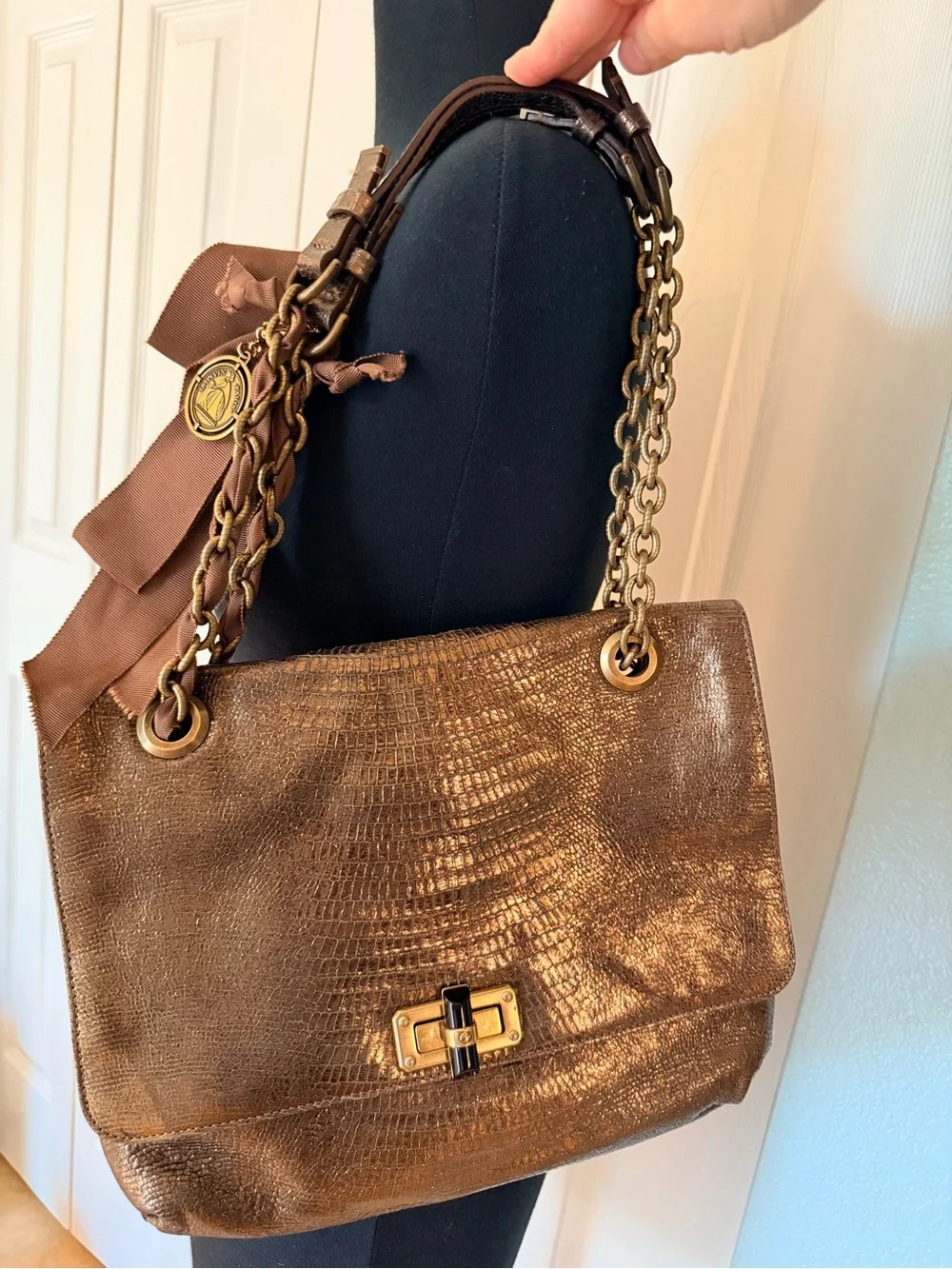 LANVIN Happy Flap Lizard-Embossed Metallic Bag with Chain Straps - 9”x12”x2”